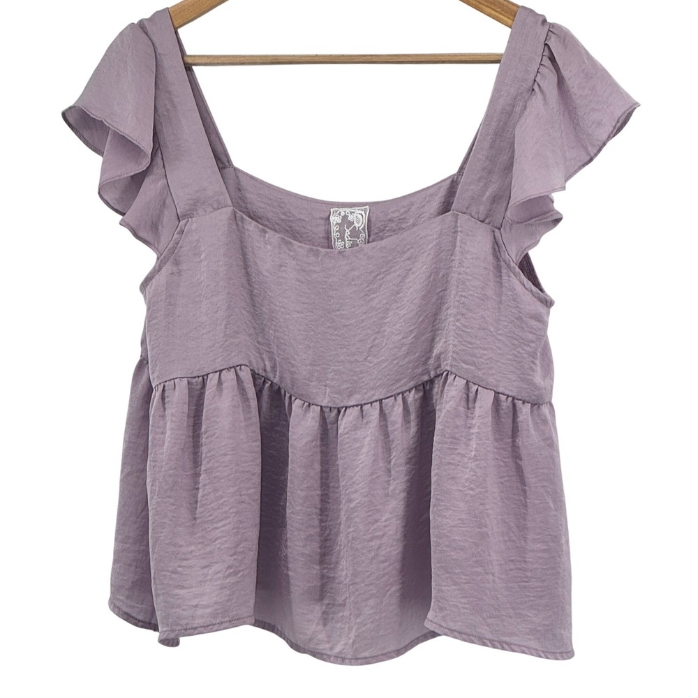 Sadie & Sage Lavender Purple‎ Ruffle Sleeve Babydoll Peplum Top Large Flowy Boho